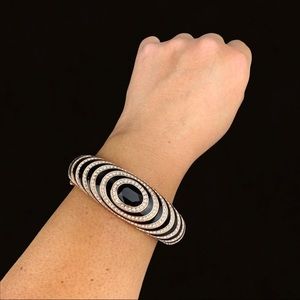 Vintage Akkad Rose Gold Black Enamel Crystal Bangle Costume Cocktail Jewelry